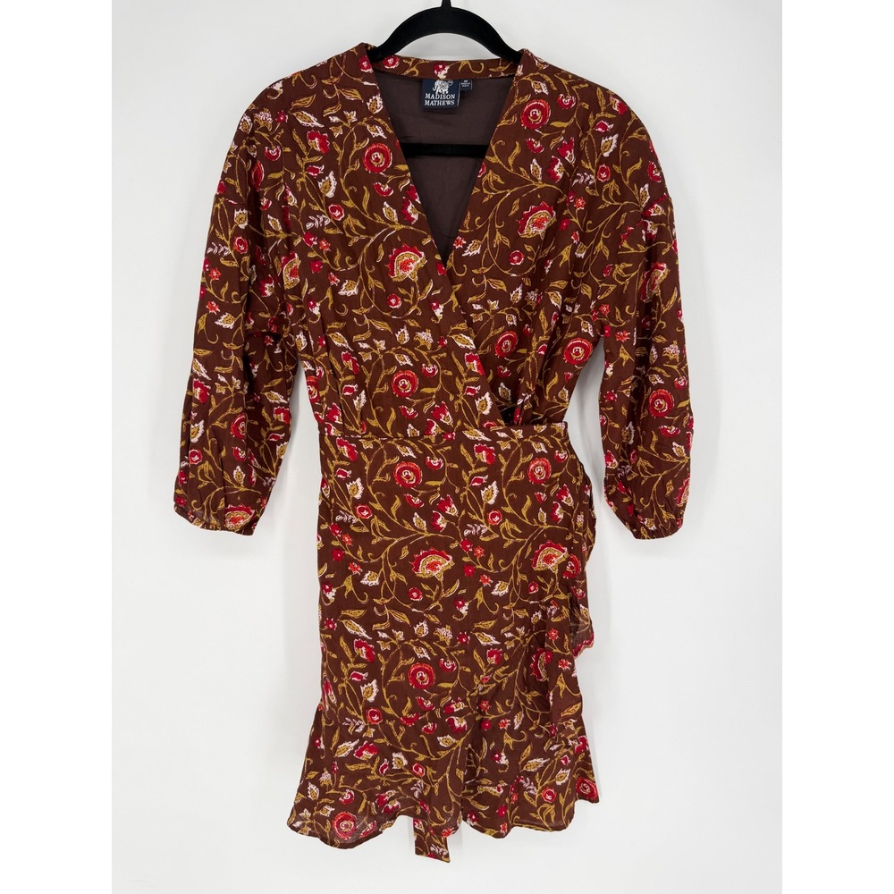 MADISON MATHEWS BROWN AUTUMN LEAVES WRAP MINI DRESS MEDIUM FALL‎ FLORAL BOHO